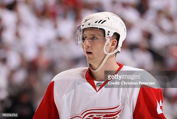Darren Helm of the Detroit Red Wings awaits a face off against the Phoenix Coyotes in Game One of the Western Conference Quarterfinals during the...
