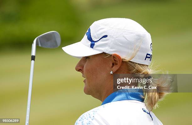 Anna Nordqvist of Sweden chips onto the fifth green during the semifinal match of The Mojo 6 Jamaica LPGA Invitational at Cinnamon Hill Golf Course...