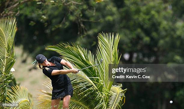 Amanda Blumenherst of the United States plays her second shot from the rough on the third hole during a semifinal match of The Mojo 6 Jamaica LPGA...