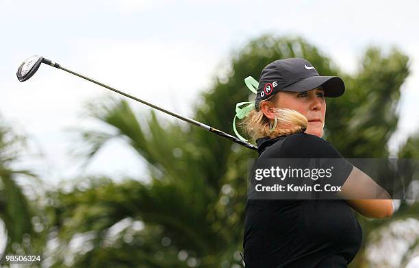 Amanda Blumenherst of the United States tees off the fourth hole during the final match of The Mojo 6 Jamaica LPGA Invitational at Cinnamon Hill Golf...