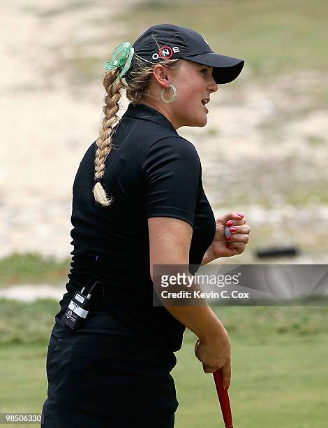 Amanda Blumenherst of the United States reacts after her putt on the fifth green during a semifinal match of The Mojo 6 Jamaica LPGA Invitational at...