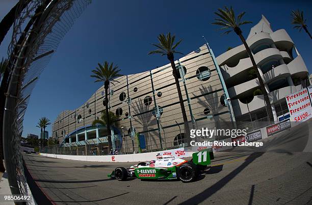 Tony Kanaan of Brazil driver of the Team 7-Eleven Dallara Honda during practice for the IndyCar Series Toyota Grand Prix of Long Beach on April 16,...