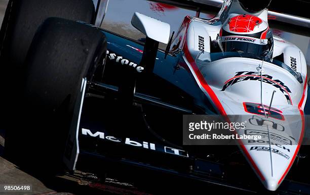 Ryan Briscoe driver of the Team Penske Dallara Honda during practice for the IndyCar Series Toyota Grand Prix of Long Beach on April 16, 2010 on the...