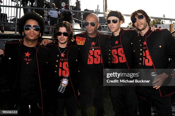 Musicians Boots Riley, Carl Restivo, Tom Morello, Eric Gardner and Dave Gibbs of Street Sweeper Social Club pose during Day 1 of the Coachella Valley...