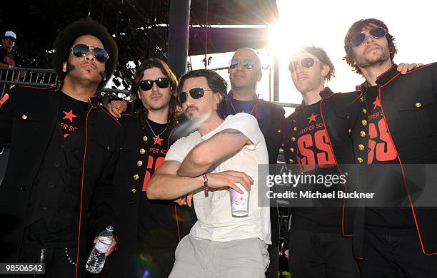 Musicians Boots Riley, Carl Restivo, Tom Morello, Eric Gardner and Dave Gibbs of Street Sweeper Social Club pose with musician Brad Wilk during Day 1...