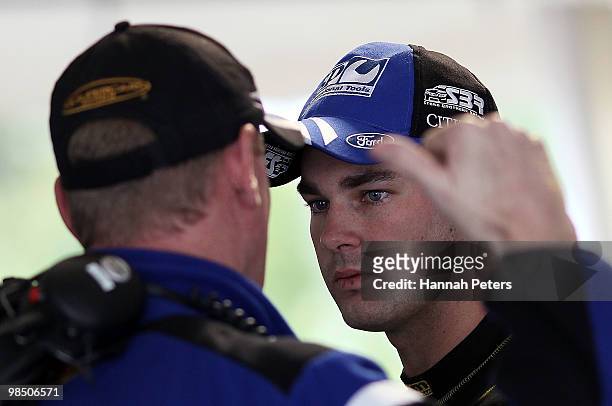 Shane van Gisbergen receives instructions before driving for SP Tools Racing during qualifying of the Hamilton 400, which is round four of the V8...