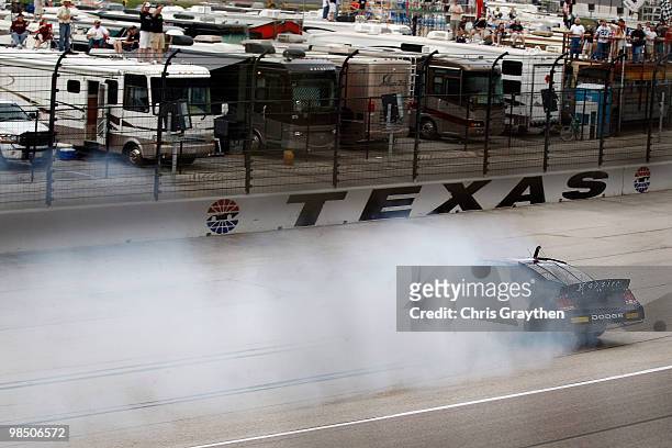 Alex Kennedy, driver of the Kennedy Racing Dodge, wrecks during the ARCA Racing Series Rattlesnake 150 at Texas Motor Speedway on April 16, 2010 in...