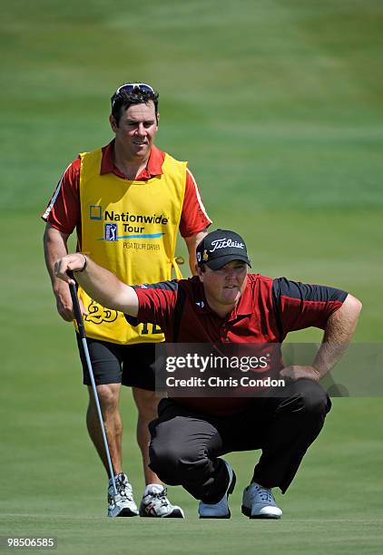 Jarrod Lyle lines up a putt during the second round of the Fresh Express Classic at TPC Stonebrae on April 16, 2010 in Hayward, California.