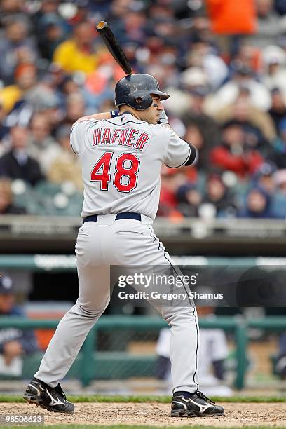 Travis Hafner of the Cleveland Indians stands at bat against the Detroit Tigers during Opening Day on April 9, 2010 at Comerica Park in Detroit,...