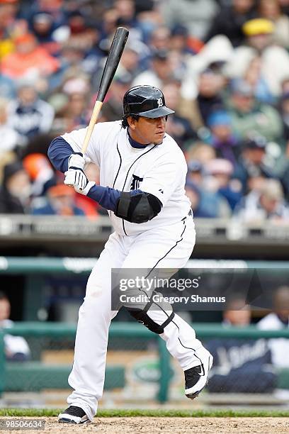 Miguel Cabrera of the Detroit Tigers at bat against the Cleveland Indians during Opening Day on April 9, 2010 at Comerica Park in Detroit, Michigan....