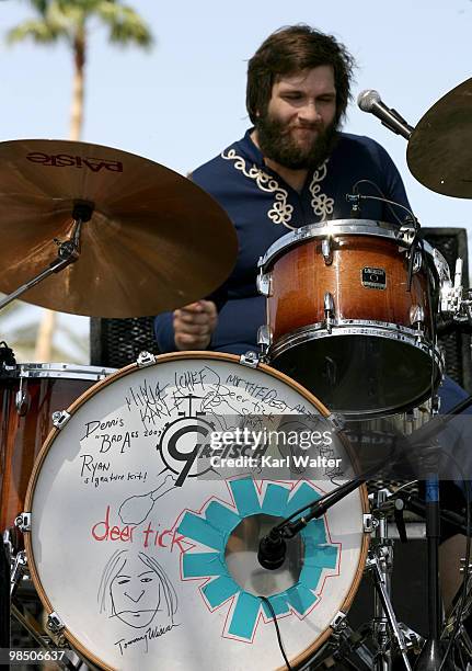 Drummer Dennis Ryan of the band Deer Tick performs during day one of the Coachella Valley Music & Arts Festival 2010 held at the Empire Polo Club on...