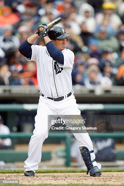 Magglio Ordonez of the Detroit Tigers at bat against the Cleveland Indians during Opening Day on April 9, 2010 at Comerica Park in Detroit, Michigan....