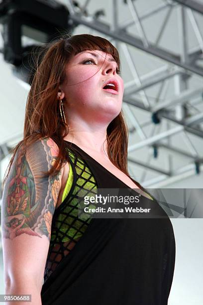 Singer Alexis Krauss of the band Sleigh Bells performs during day one of the Coachella Valley Music & Arts Festival 2010 held at the Empire Polo Club...
