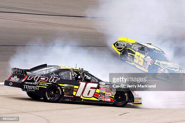 Joey Coulter spins out after crashing into Steve Aprin during the ARCA Racing Series Rattlesnake 150 at Texas Motor Speedway on April 16, 2010 in...