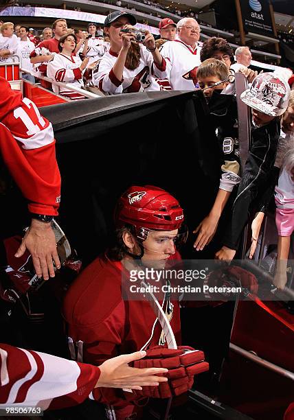 Martin Hanzal of the Phoenix Coyotes walks out onto the ice past fans for warm ups to Game Two of the Western Conference Quarterfinals against the...