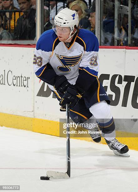 Jonas Junland of the St. Louis Blues skates against the Nashville Predators on April 10, 2010 at the Bridgestone Arena in Nashville, Tennessee.