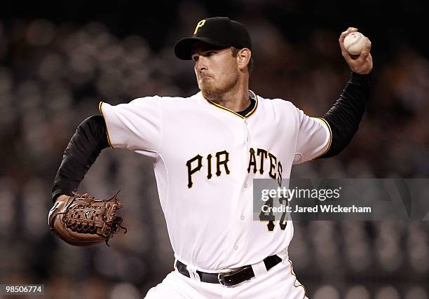 Zach Duke of the Pittsburgh Pirates pitches against the Cincinnati Reds during the game on April 16, 2010 at PNC Park in Pittsburgh, Pennsylvania.