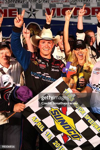 Steve Arpin celebrates in victory lane after winning the ARCA Racing Series Rattlesnake 150 at Texas Motor Speedway on April 16, 2010 in Fort Worth,...