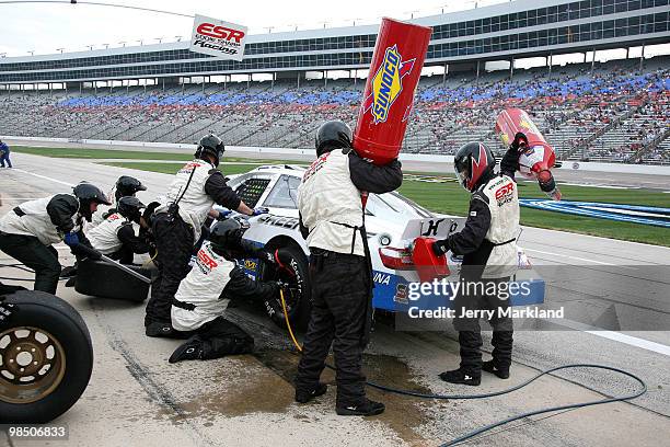 Craig Goess, driver of the Greenville Toyota of NC Toyota, pits during the ARCA Racing Series Rattlesnake 150 at Texas Motor Speedway on April 16,...