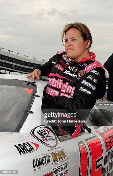 Alli Owens, driver of the ElectrifyingCareers.com Chevrolet, climbs into her car prior to the start of the ARCA Racing Series Rattlesnake 150 at...