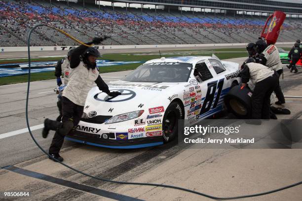 Craig Goess, driver of the Greenville Toyota of NC Toyota, pits during the ARCA Racing Series Rattlesnake 150 at Texas Motor Speedway on April 16,...