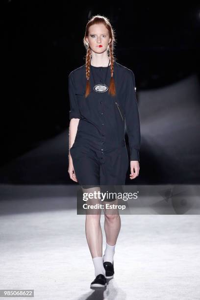 Model walks the runway at the Oscar Leon show during the Barcelona 080 Fashion Week on June 25, 2018 in Barcelona, Spain.