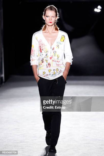 Model walks the runway at the Oscar Leon show during the Barcelona 080 Fashion Week on June 25, 2018 in Barcelona, Spain.