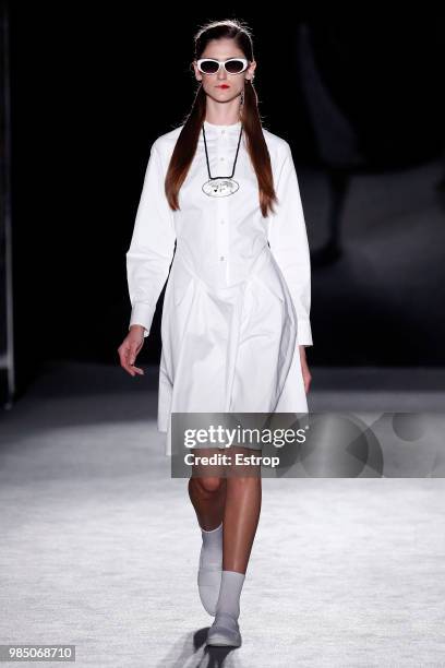 Model walks the runway at the Oscar Leon show during the Barcelona 080 Fashion Week on June 25, 2018 in Barcelona, Spain.