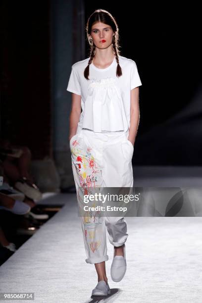 Model walks the runway at the Oscar Leon show during the Barcelona 080 Fashion Week on June 25, 2018 in Barcelona, Spain.
