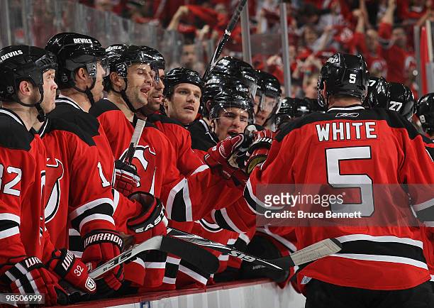 The New Jersey Devils celebrate a second period goal by Colin White against the Philadelphia Flyers in Game Two of the Eastern Conference...