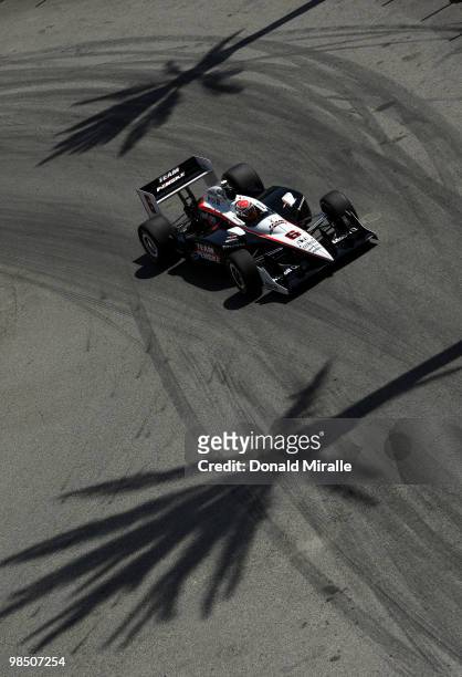 Ryan Brisco, driver of the Team Penske Dallara Honda, drives during practice for the IndyCar Series Toyota Grand Prix of Long Beach on April 16, 2010...