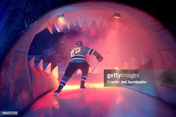 Patrick Marleau of the San Jose Sharks enters the ice against the Colorado Avalanche in Game Two of the Western Conference Quarterfinals during the...