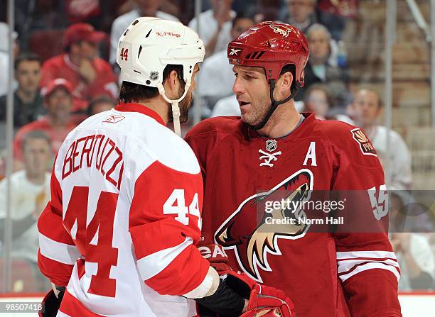 Ed Jovanovski of the Phoenix Coyotes and Todd Bertuzzi of the Detroit Red Wings exchange words in Game Two of the Western Conference Quarterfinals...