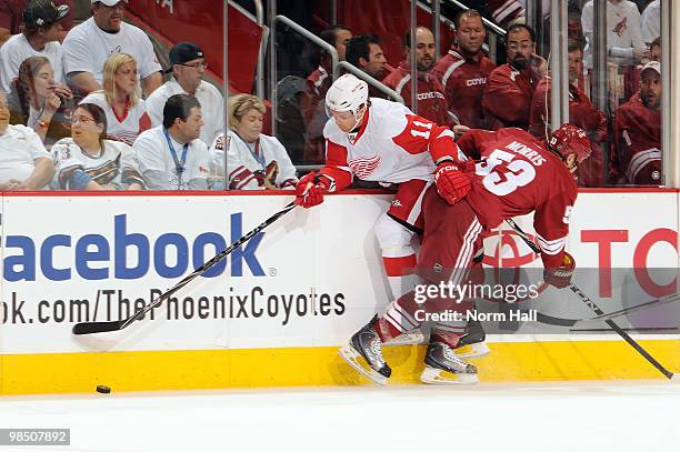 Derek Morris of the Phoenix Coyotes checks Dan Cleary of the Detroit Red Wings into the boards in Game Two of the Western Conference Quarterfinals...