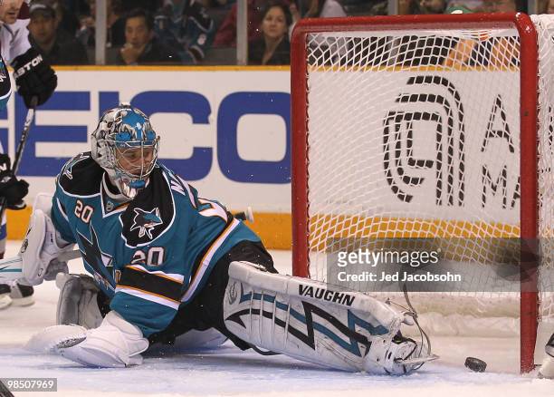 Evgeni Nabokov of the San Jose Sharks makes a save against the Colorado Avalanche in Game Two of the Western Conference Quarterfinals during the 2010...