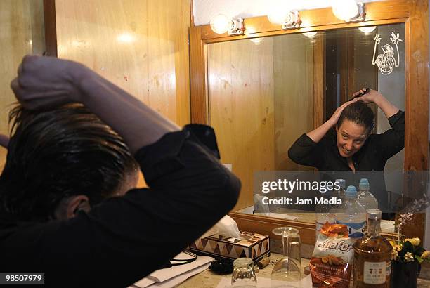 Actress Maria Rene Prudencio prepares herself backstage of the play ?Agosto? at San Rafael Theater on April 16, 2010 in Mexico City, Mexico.