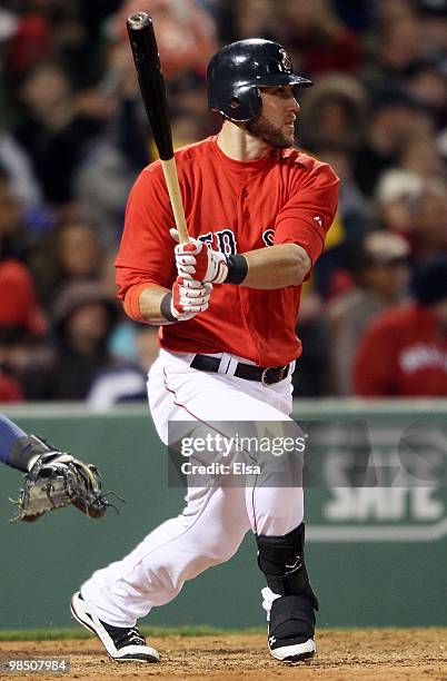 Jeremy Hermida of the Boston Red Sox takes a swing against the Tampa Bay Rays on April 16, 2010 at Fenway Park in Boston, Massachusetts.