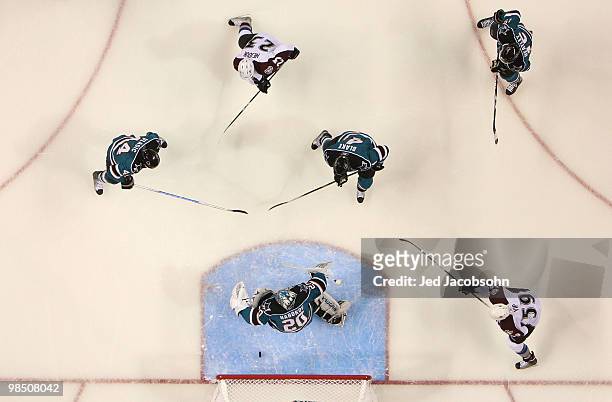 Milan Hejduk of the Colorado Avalanche scores past Evgeni Nabokov of the San Jose Sharks in Game Two of the Western Conference Quarterfinals during...