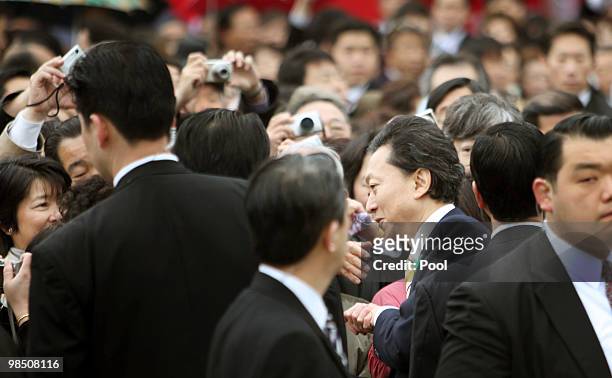 Japan's Prime Minister Yukio Hatoyama attends the annual cherry blossom viewing party on April 17, 2010 in Tokyo, Japan.
