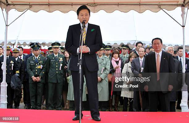 Japan's Prime Minister Yukio Hatoyama attends the annual cherry blossom viewing party on April 17, 2010 in Tokyo, Japan.