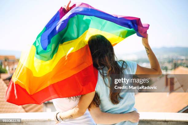 heureux couple lesbien, agitant le drapeau lgbt à l’extérieur - we want all our rights photos et images de collection