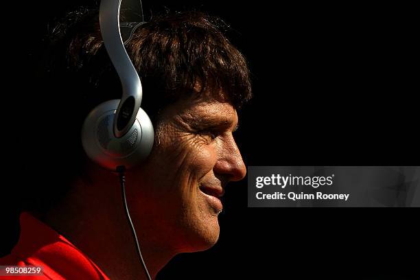 Paul Roos the coach of the Swans speaks to the media during the round four AFL match between the North Melbourne Kangaroos and the Sydney Swans at...