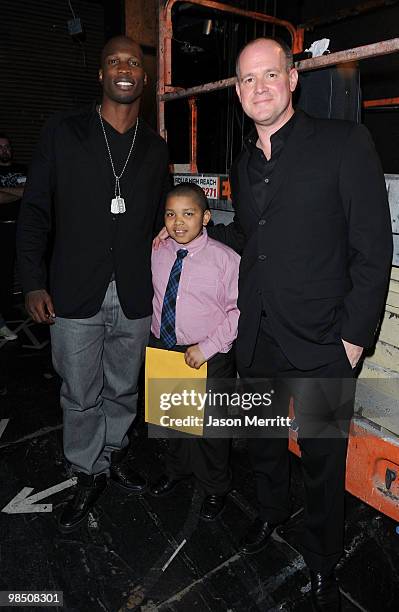 Player Chad Ochocinco Johnson, Ruben St. Hilare and sports commentator Rich Eisen pose backstage during the Children Mending Hearts 3rd Annual "Peace...