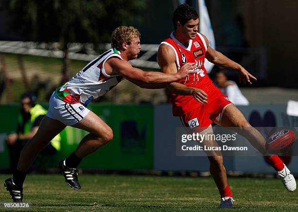 David Hale of Northern Bullants kicks the ball during the round two VFL match between North Ballarat and Northern Bullants at Eureka Stadium on April...