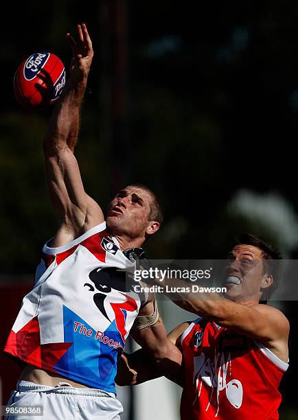 Luke Delaney of North Ballarat attempts a mark against Brett Thornton of North Bullants during the round two VFL match between North Ballarat and...