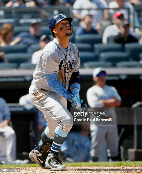 Carlos Gomez of the Tampa Bay Rays bats in an MLB baseball game against the New York Yankees on June 17, 2018 at Yankee Stadium in the Bronx borough...