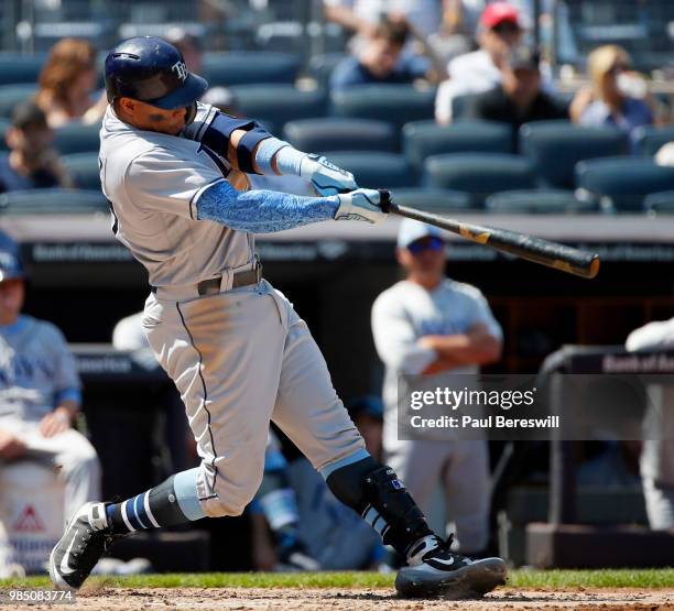 Carlos Gomez of the Tampa Bay Rays bats in an MLB baseball game against the New York Yankees on June 17, 2018 at Yankee Stadium in the Bronx borough...