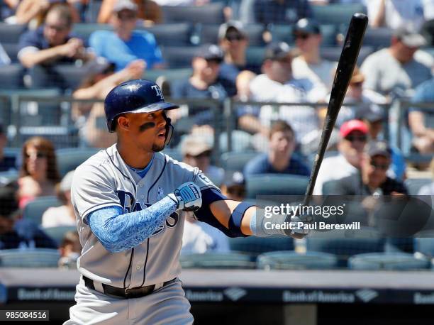 Carlos Gomez of the Tampa Bay Rays bats in an MLB baseball game against the New York Yankees on June 17, 2018 at Yankee Stadium in the Bronx borough...