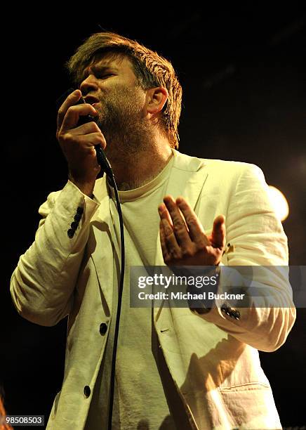 Musician James Murphy of LCD Soundsystem performs during Day 1 of the Coachella Valley Music & Art Festival 2010 held at the Empire Polo Club on...