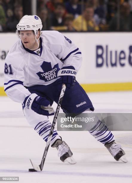 Phil Kessel of the Toronto Maple Leafs takes the puck against the Boston Bruins on March 4, 2010 at the TD Garden in Boston, Massachusetts. The...